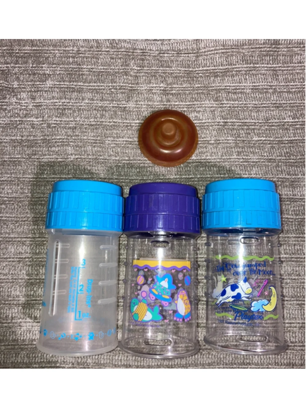3 Vintage Playtex Baby 4oz Nurser Bottles Nursery Rhyme 1 Flat Top Latex Nipple